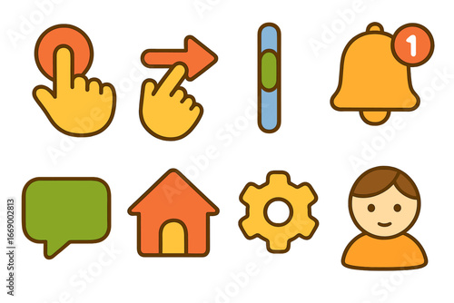Kids' App Icons. Flat vector mini-illustrations app user interaction in colors children's illustrations: tap finger, swipe gesture
