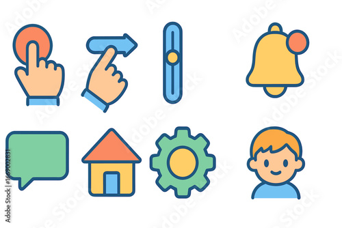 Kids' App Icons. Flat vector mini-illustrations app user interaction in colors children's illustrations: tap finger, swipe gesture