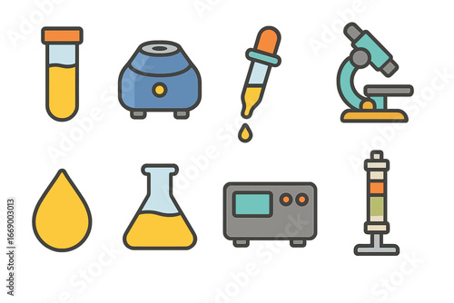 Lipid Lab Tools. Flat vector mini-illustrations lipid lab tools in colors children's illustrations: test tube with lipid,