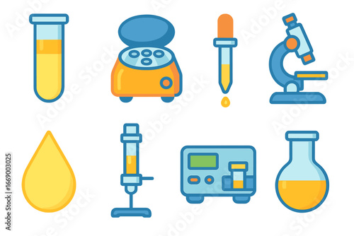 Lipid Lab Tools. Flat vector mini-illustrations lipid lab tools in colors children's illustrations: test tube with lipid,