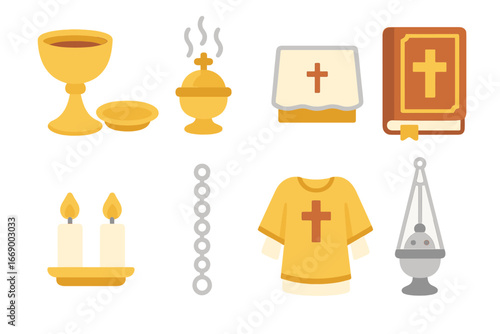 Liturgical Icons for Kids. Flat vector mini-illustrations Spiritual father liturgical objects in colors children's illustrations:
