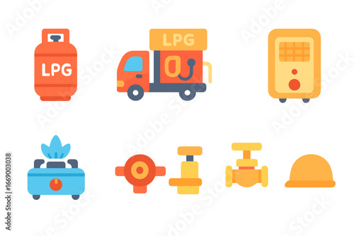 LPG and Oil Icons. Flat vector mini-illustrations liquefied petroleum gas (LPG) in colors children's illustrations: LPG cylinder,