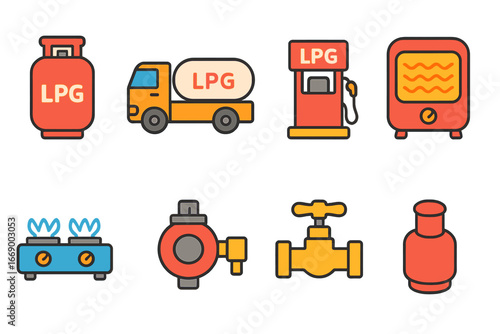 LPG and Oil Icons. Flat vector mini-illustrations liquefied petroleum gas (LPG) in colors children's illustrations: LPG cylinder,