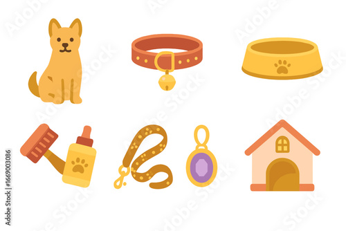 Luxury Pet Icons. Flat vector mini-illustrations luxury pets in colors children's illustrations: purebred dog, fancy cat collar,