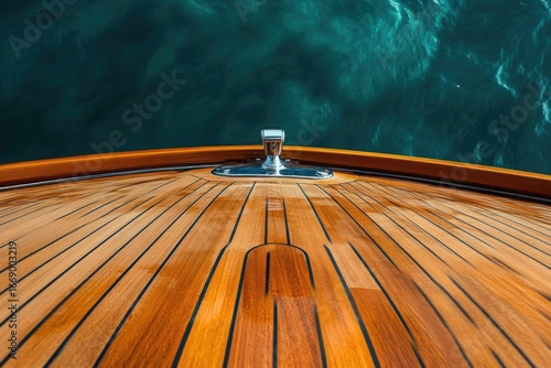 A glossy, wooden boat deck meets the teal-green ocean, with a polished silver fitting prominently displayed at the bow.