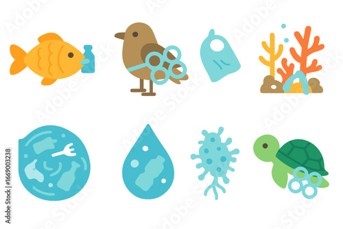Microplastic Pollution Icons. Flat vector mini-illustrations impact of microplastic in colors children's illustrations: fish