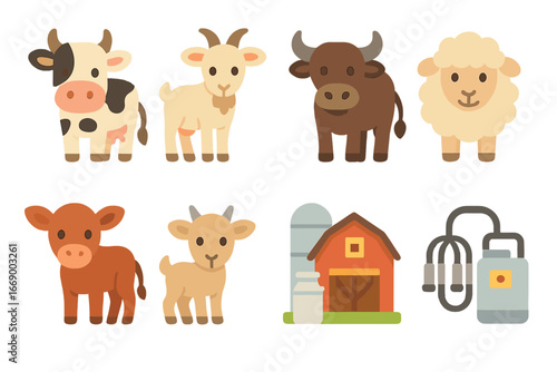 Milk Animals Icons. Flat vector mini-illustrations milk animals in colors children's illustrations: cow, goat, buffalo, sheep,