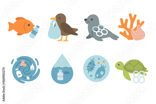 Microplastic Pollution Icons. Flat vector mini-illustrations impact of microplastic in colors children's illustrations: fish