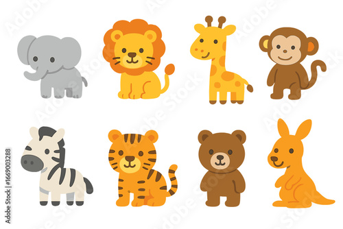 Miniature Animal Icons. Flat vector mini-illustrations miniature animals in colors children's illustrations: tiny elephant, small