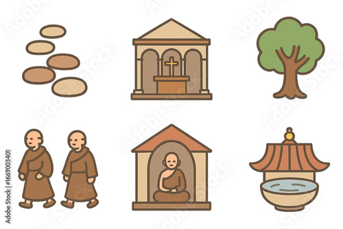 Monastic Life Icons. Flat vector mini-illustrations Monastic life in colors children's illustrations: stone path, wooden door,