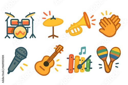 Musical Instruments Grid. Flat vector mini-illustrations musical bangs in colors children's illustrations: drum set, cymbal crash,