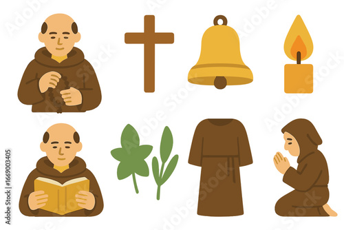 Monastic Symbols Grid. Flat vector mini-illustrations Monastic life in colors children's illustrations: monk with prayer rope,