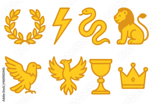 Mythical Golden Icons. Flat vector mini-illustrations mythological symbols in colors children's illustrations: golden laurel
