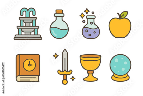 Mythical Objects Icons. Flat vector mini-illustrations immortal myths in colors children's illustrations: fountain of youth,