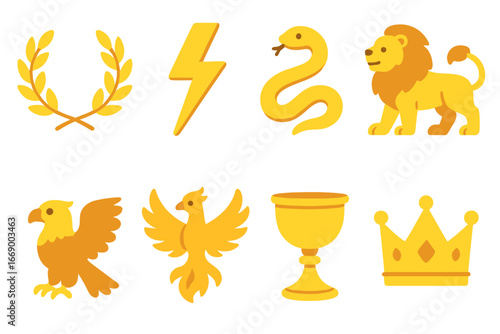 Mythical Golden Icons. Flat vector mini-illustrations mythological symbols in colors children's illustrations: golden laurel