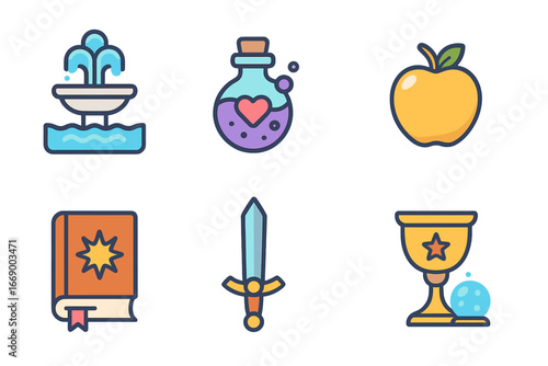 Mythical Objects Icons. Flat vector mini-illustrations immortal myths in colors children's illustrations: fountain of youth,