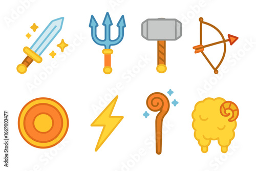 Mythical Weapons Icons. Flat vector mini-illustrations mythological weapons in colors children's illustrations: magic sword,