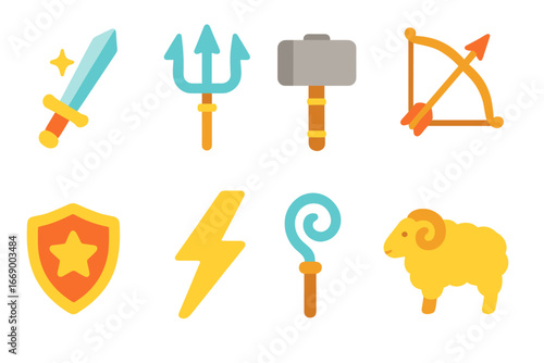 Mythical Weapons Icons. Flat vector mini-illustrations mythological weapons in colors children's illustrations: magic sword,