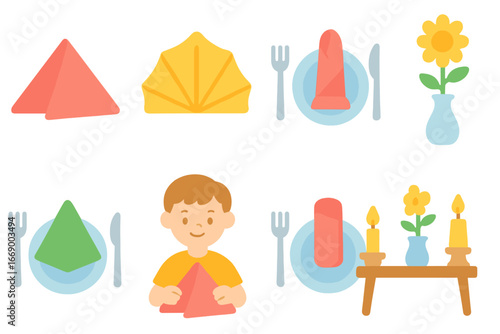 Napkin Folding Fun. Flat vector mini-illustrations napkin folding in colors children's illustrations: folded napkin shapes, table