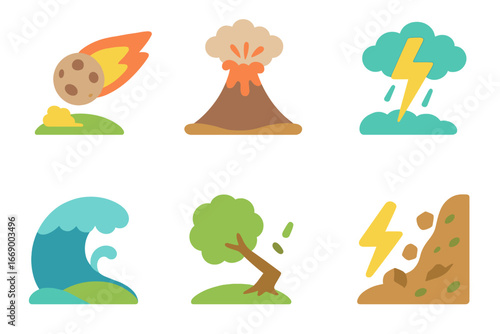 Natural Impact Icons. Flat vector mini-illustrations natural impact in colors children's illustrations: meteor crash, volcanic