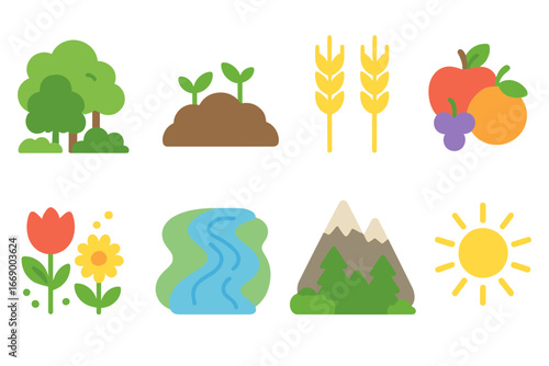 Nature's Abundance Icons. Flat vector mini-illustrations rich nature in colors children's illustrations: lush forest, fertile soil