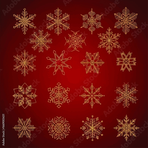 A collection of intricately designed golden snowflakes arranged on a gradient red background, evoking a wintery and festive atmosphere.