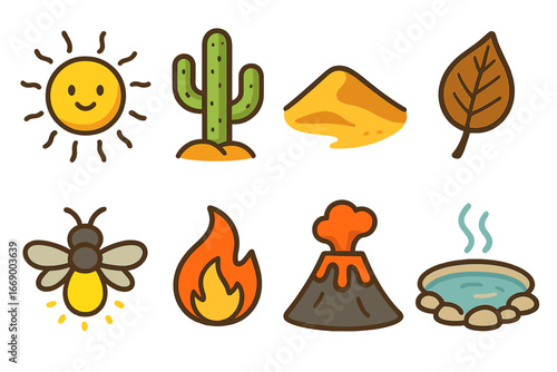 Nature's Heat Icons. Flat vector mini-illustrations heat and nature in colors children's illustrations: sun with heat waves,