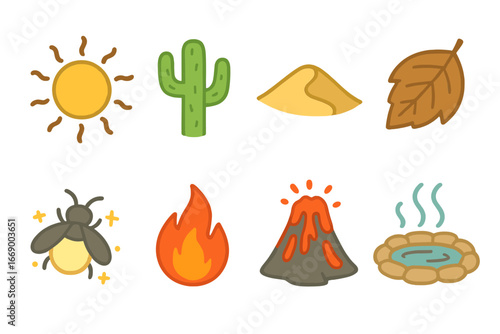 Nature's Heat Icons. Flat vector mini-illustrations heat and nature in colors children's illustrations: sun with heat waves,