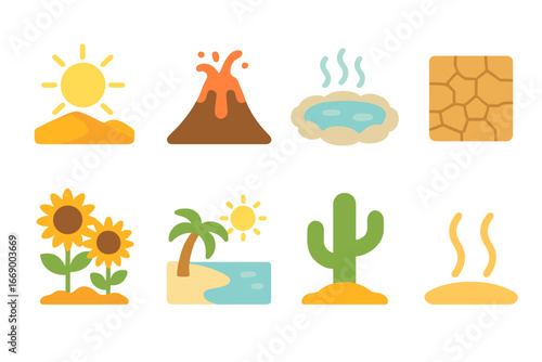 Nature's Heat Icons. Flat vector mini-illustrations heat in nature in colors children's illustrations: desert sun, volcanic lava,