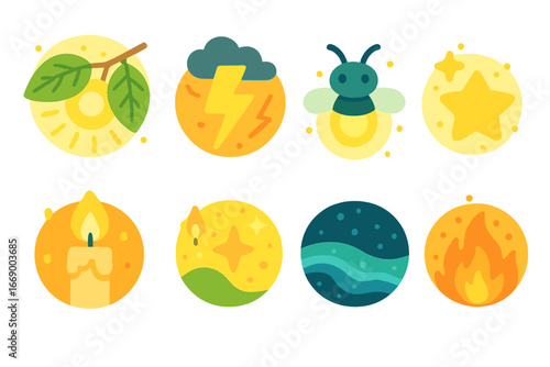 Nature's Light Icons. Flat vector mini-illustrations photons in nature in colors children's illustrations: sunlight through leaves