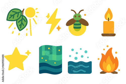 Nature's Light Icons. Flat vector mini-illustrations photons in nature in colors children's illustrations: sunlight through leaves