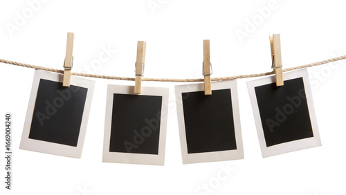 Four Blank Instant Photo Frames Hanging on Rope – Empty Gallery Picture Mockup PNG