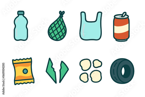 Ocean Waste Icons. Flat vector mini-illustrations ocean waste in colors children's illustrations: plastic bottles, fishing nets,