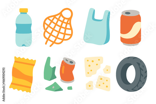 Ocean Waste Icons. Flat vector mini-illustrations ocean waste in colors children's illustrations: plastic bottles, fishing nets,