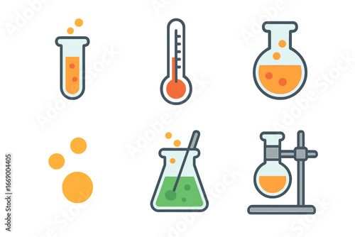 Oxidation Lab Icons. Flat vector mini-illustrations oxidation lab experiments in colors children's illustrations: test tube,