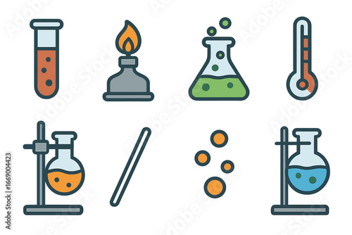 Oxidation Lab Icons. Flat vector mini-illustrations oxidation lab experiments in colors children's illustrations: test tube,