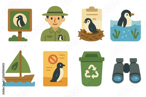 Penguin Conservation Icons. Flat vector mini-illustrations penguin conservation in colors children's illustrations: protected area