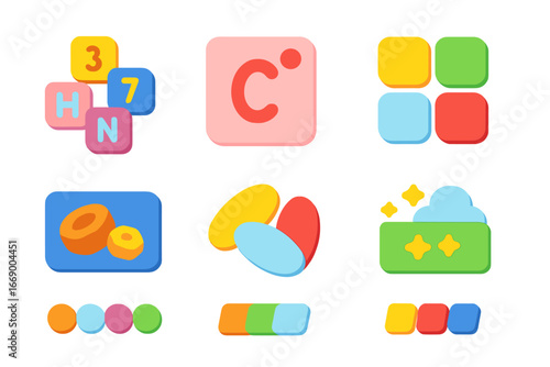 Periodic Table Icons. Flat vector mini-illustrations element periodic table in colors children's illustrations: element blocks,