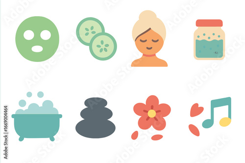Pet and Spa Icons. Flat vector mini-illustrations weekend pets in colors children's illustrations: dog with ball, cat napping,