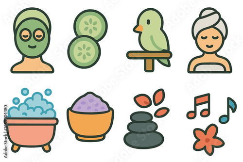 Pet and Spa Icons. Flat vector mini-illustrations weekend pets in colors children's illustrations: dog with ball, cat napping,
