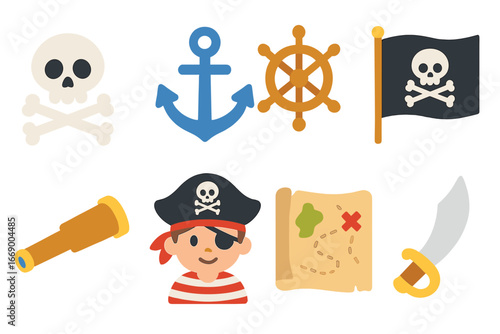 Pirate Adventure Icons. Flat vector mini-illustrations pirate symbols in colors children's illustrations: skull and crossbones,