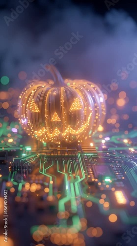 Spooky glitching Halloween jack-o-lantern Vertical, carved glowing microchip circuits, eerie light pulse on futuristic motherboard, drifting code fog, LED eyes flicker, cyberpunk AI horror pumpkin.
