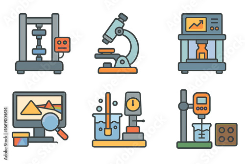 Polymer Testing Icons. Flat vector mini-illustrations polymer testing in colors children's illustrations: tensile test machine,