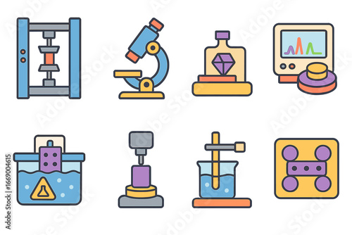 Polymer Testing Icons. Flat vector mini-illustrations polymer testing in colors children's illustrations: tensile test machine,