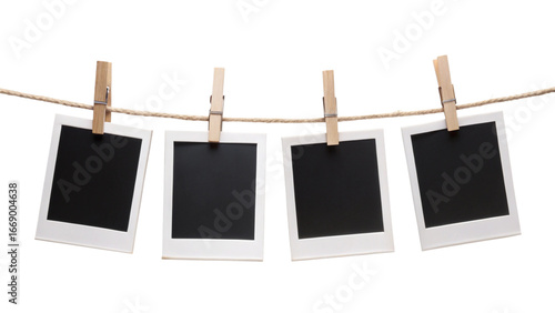 Four Blank Instant Photo Frames Hanging on Rope – Empty Gallery Picture Mockup PNG