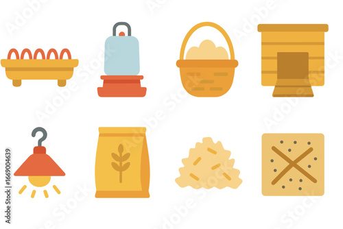 Poultry Farming Tools. Flat vector mini-illustrations poultry farming tools in colors children's illustrations: feeding tray,