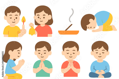 Prayer Ritual Icons. Flat vector mini-illustrations prayer rituals in colors children's illustrations: lighting candle, ringing