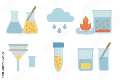 Precipitate Formations Icons. Flat vector mini-illustrations precipitate formation in colors children's illustrations: mixing