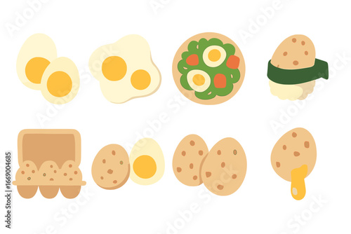 Quail Egg Icons. Flat vector mini-illustrations quail eggs culinary in colors children's illustrations: boiled quail eggs, fried