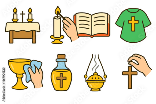 Sacrament Preparation Icons. Flat vector mini-illustrations sacraments preparation in colors children's illustrations: altar setup